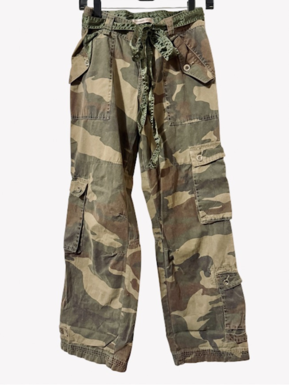 VTG Abercrombie & Fitch Camo Cargo Pants - Olive & Brown Satin Org  💎Waist Tie